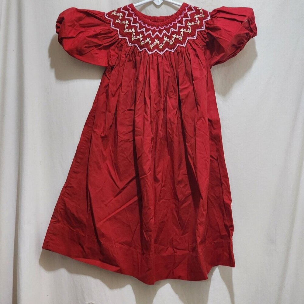 Small Fry Red Bishop Dress Smocked Floral Pink & White Roses Girls 2T